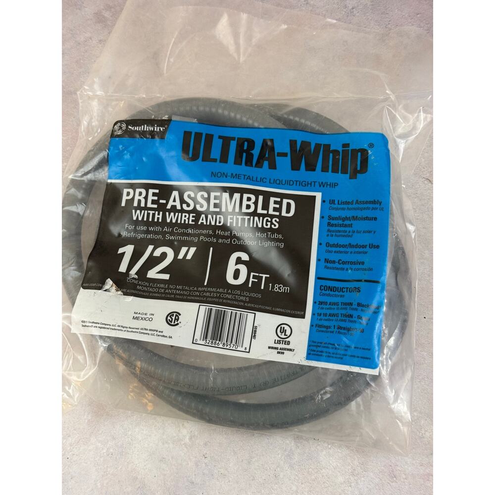 Southwire Ultra Whip Non Metallic Liquid Tight Whip 1/2" x 6' Pre Assembled